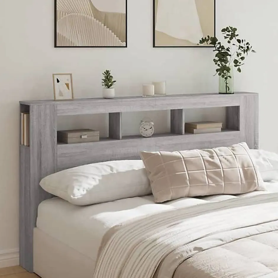 Vidaxl Tête de Lit à LED, Panneau avec Rangement, Accessoire de Lit, Tête de Cadre de Lit Chambre, Sonoma Gris 837363