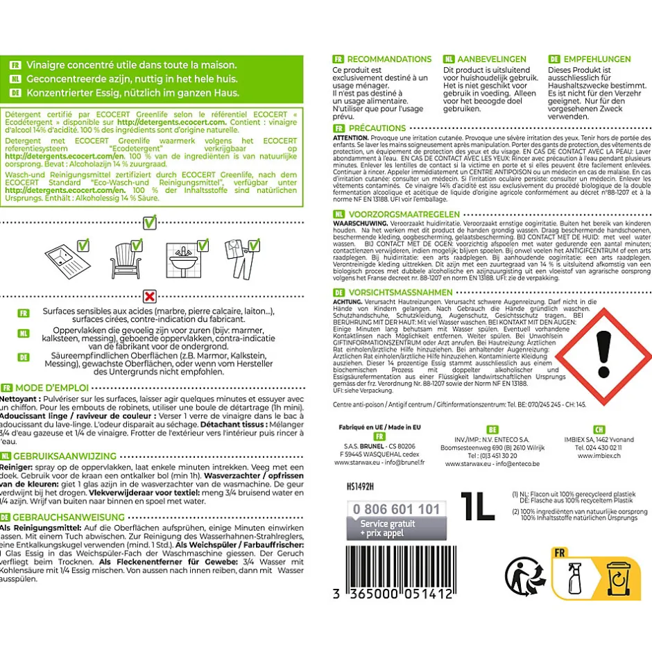 Starwax Vinaigre blanc détartrant pulvérisateur 14° 1L