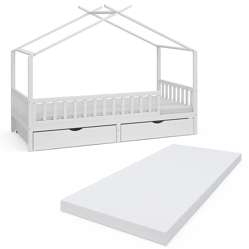 Enfant Vitalispa® Vitalispa Lit cabane Blanc 90x200 cm avec 2 tiroirs et matelas