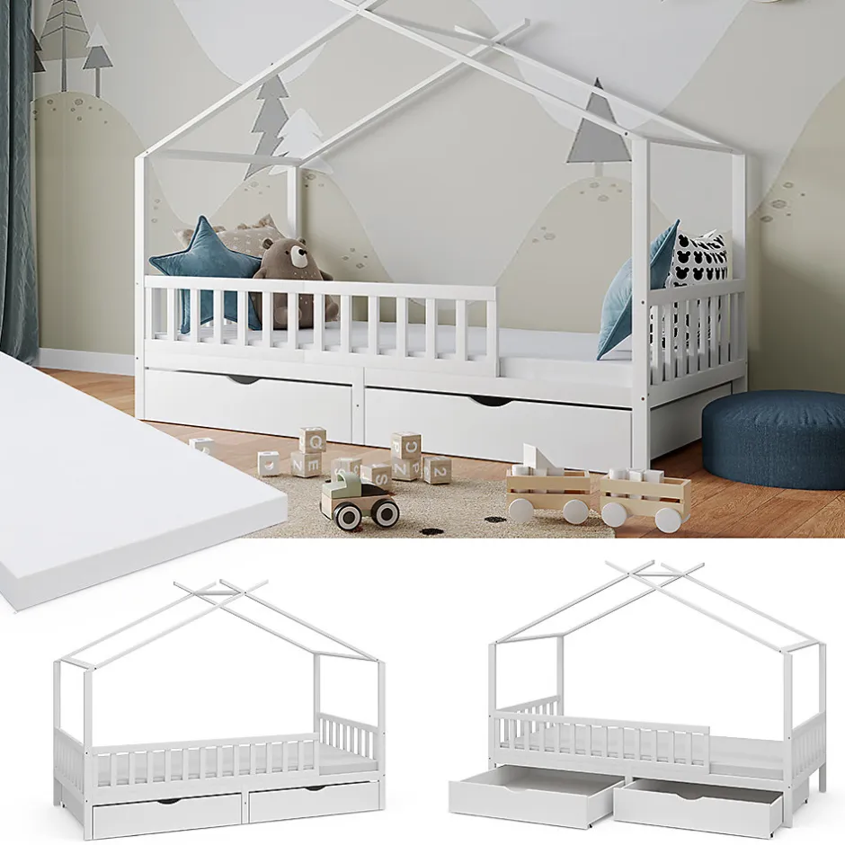 Enfant Vitalispa® Vitalispa Lit cabane Blanc 90x200 cm avec 2 tiroirs et matelas