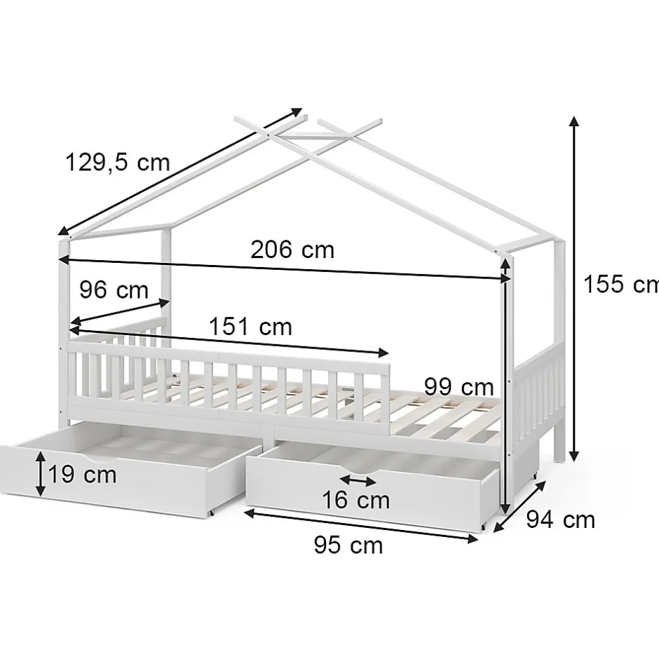 Enfant Vitalispa® Vitalispa Lit cabane Blanc 90x200 cm avec 2 tiroirs et matelas