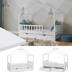 Vitalispa® Vitalispa Lit cabane Blanc 80x160 cm avec 2 tiroirs et matelas