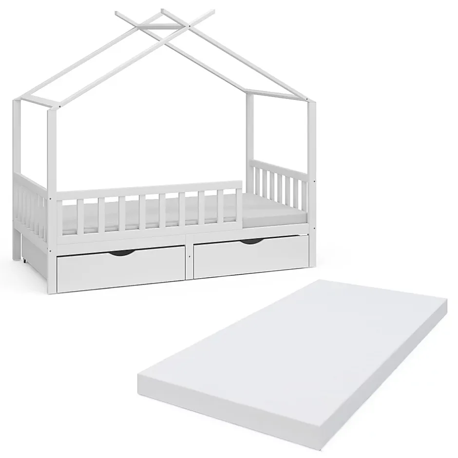 Vitalispa® Vitalispa Lit cabane Blanc 80x160 cm avec 2 tiroirs et matelas