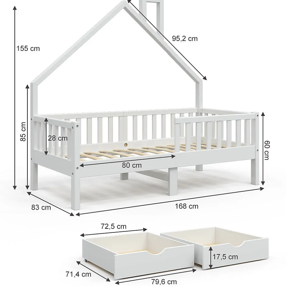 Enfant Vitalispa® Vitalispa Lit cabane Blanc 80x160 cm avec 2 tiroirs