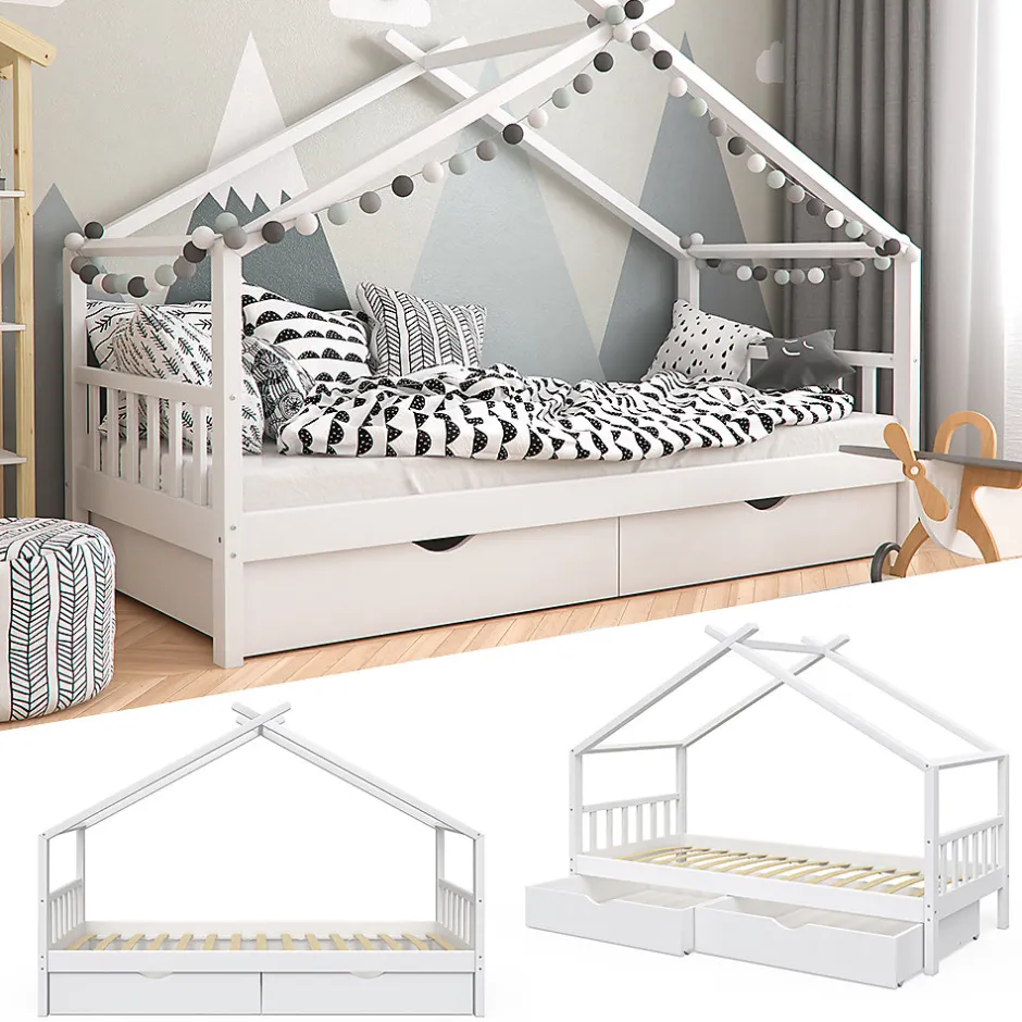 Enfant Vitalispa® Vitalispa Lit cabane Blanc 90x200 cm avec 2 tiroirs