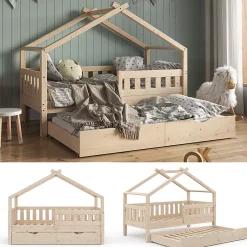 Vitalispa® Vitalispa Lit cabane Naturel bois 80x160 cm avec lit dappoint Outlet