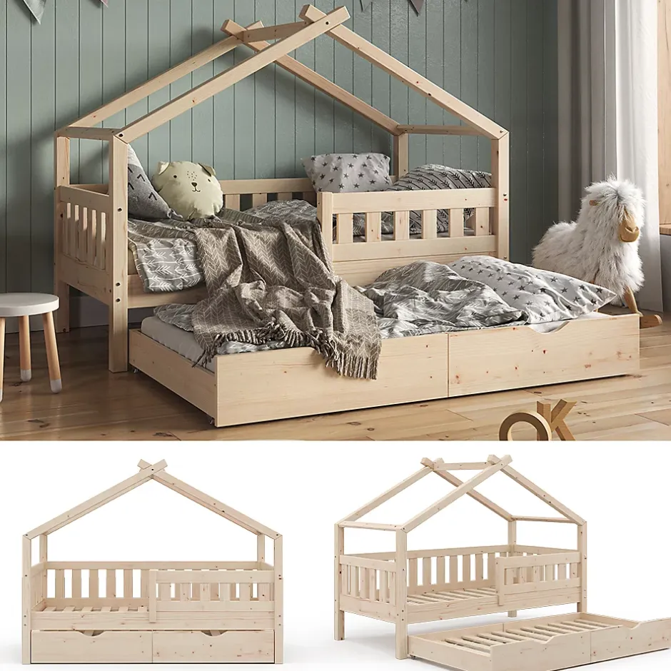 Vitalispa® Vitalispa Lit cabane Naturel bois 80x160 cm avec lit dappoint Outlet