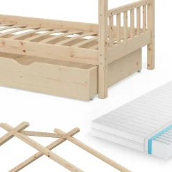 Vitalispa® Vitalispa Lit cabane Naturel bois 90x200 cm avec 2 tiroirs et matelas Hot