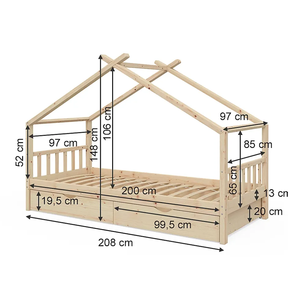 Vitalispa® Vitalispa Lit cabane Naturel bois 90x200 cm avec 2 tiroirs et matelas Hot
