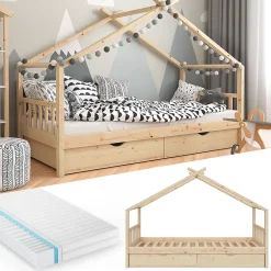 Vitalispa® Vitalispa Lit cabane Naturel bois 90x200 cm avec 2 tiroirs et matelas Hot