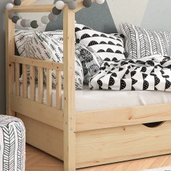 Vitalispa® Vitalispa Lit cabane Naturel bois 90x200 cm avec 2 tiroirs et matelas Hot