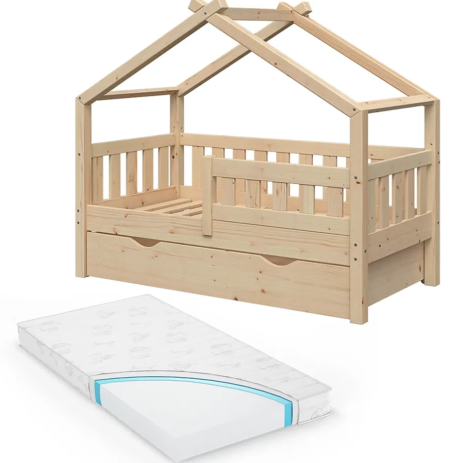 Vitalispa® Vitalispa Lit cabane Naturel bois 70x140 cm avec tiroir et matelas Clearance