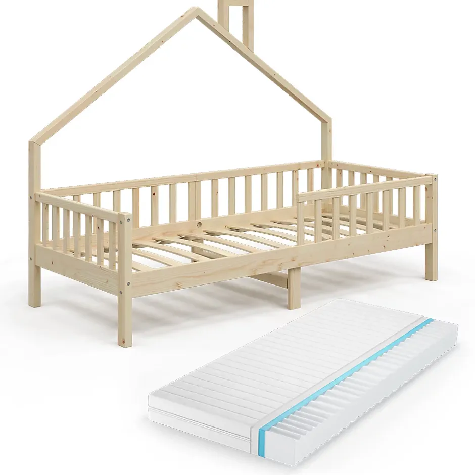Vitalispa® Vitalispa Lit cabane Naturel bois 90x200 cm avec matelas Clearance