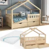 Vitalispa® Vitalispa Lit cabane Naturel bois 80x160 cm avec 2 tiroirs et matelas Sale