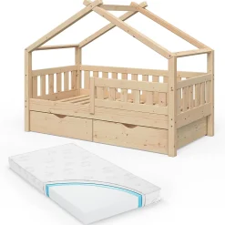 Vitalispa® Vitalispa Lit cabane Naturel bois 80x160 cm avec 2 tiroirs et matelas Sale