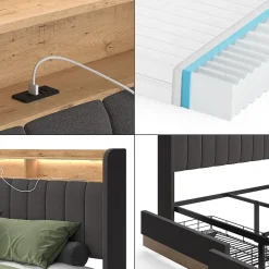 Vitalispa® Vitalispa Lit rembourré Anthracite 180x200 cm avec matelas Hot