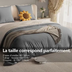 Fortuna lai 140X200 Parure de lit 4 pièces, lit double, grand lit, 1 housse de couette, 1 drap-housse et 2 taies d'oreiller,gris