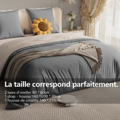 Fortuna lai 140X200 Parure de lit 4 pièces, lit double, grand lit, 1 housse de couette, 1 drap-housse et 2 taies d'oreiller,gris