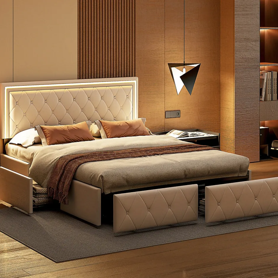 Fortuna lai 140X200MM Lit d'ameublement avec fonction de chargement USB et partie de tête LED et 4 tiroirs,sans matelas Clearance