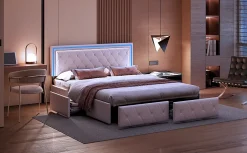 Fortuna lai 140X200MM Lit d'ameublement avec fonction de chargement USB et partie de tête LED et 4 tiroirs,sans matelas Clearance