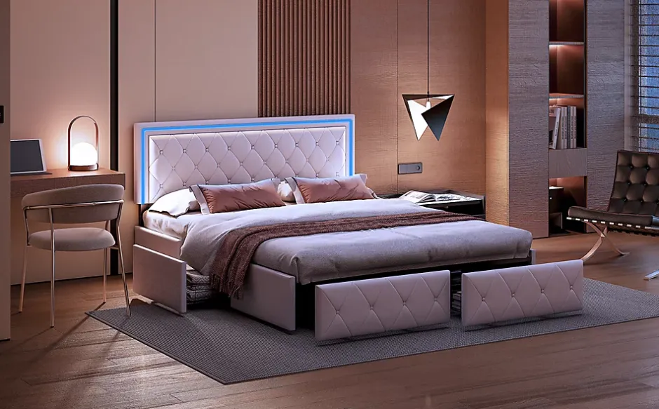 Fortuna lai 140X200MM Lit d'ameublement avec fonction de chargement USB et partie de tête LED et 4 tiroirs,sans matelas Clearance