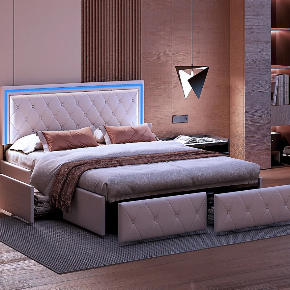 Fortuna lai 140X200MM Lit d'ameublement avec fonction de chargement USB et partie de tête LED et 4 tiroirs,sans matelas Clearance