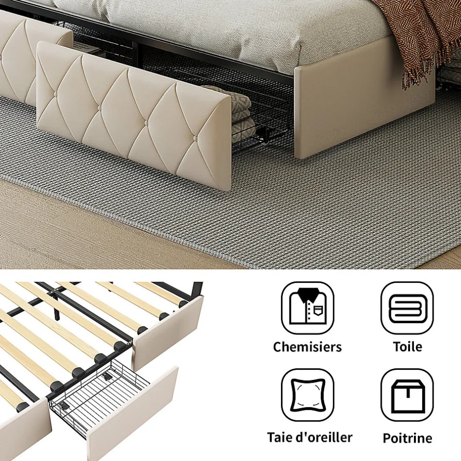Fortuna lai 140X200MM Lit d'ameublement avec fonction de chargement USB et partie de tête LED et 4 tiroirs,sans matelas Clearance
